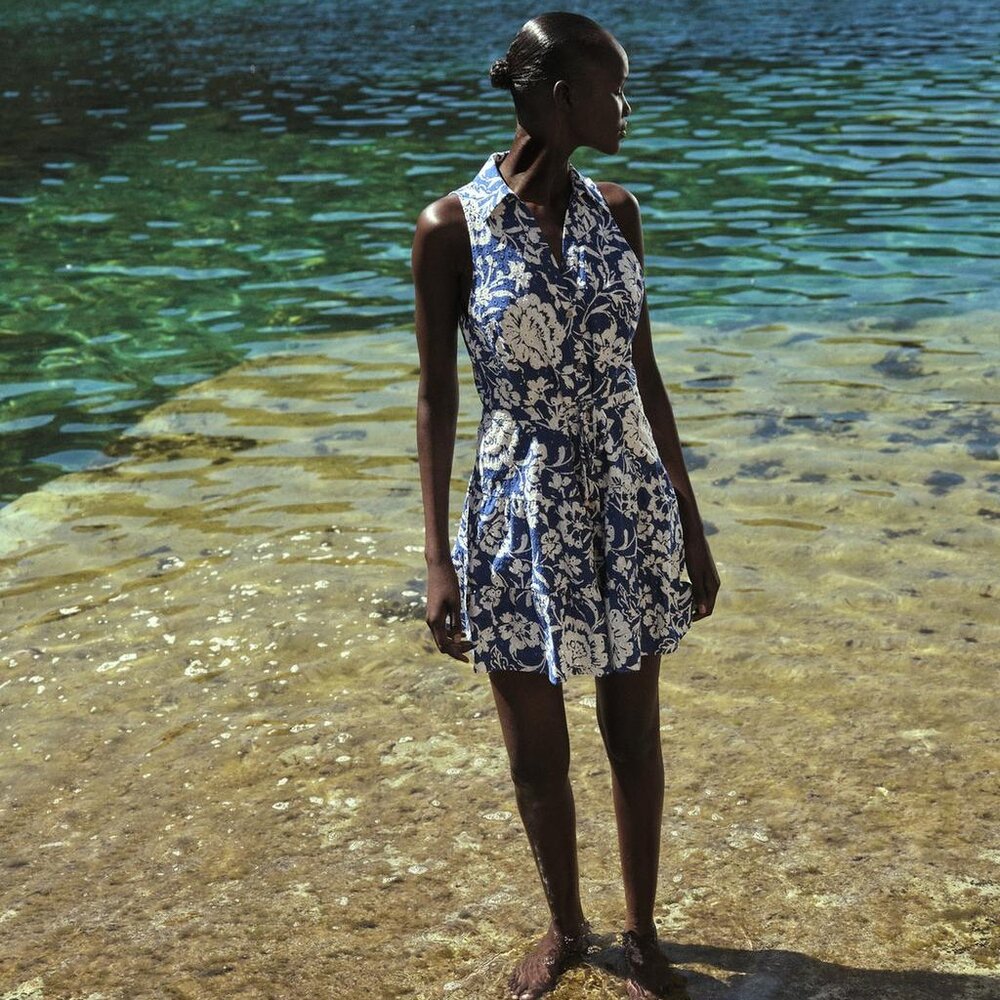 Zara Blue and White Eyelet Floral Cotton Mini Dress